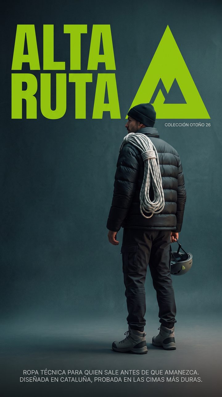 Anuncio para ALTA RUTA: logo gigante y alpinista de espaldas