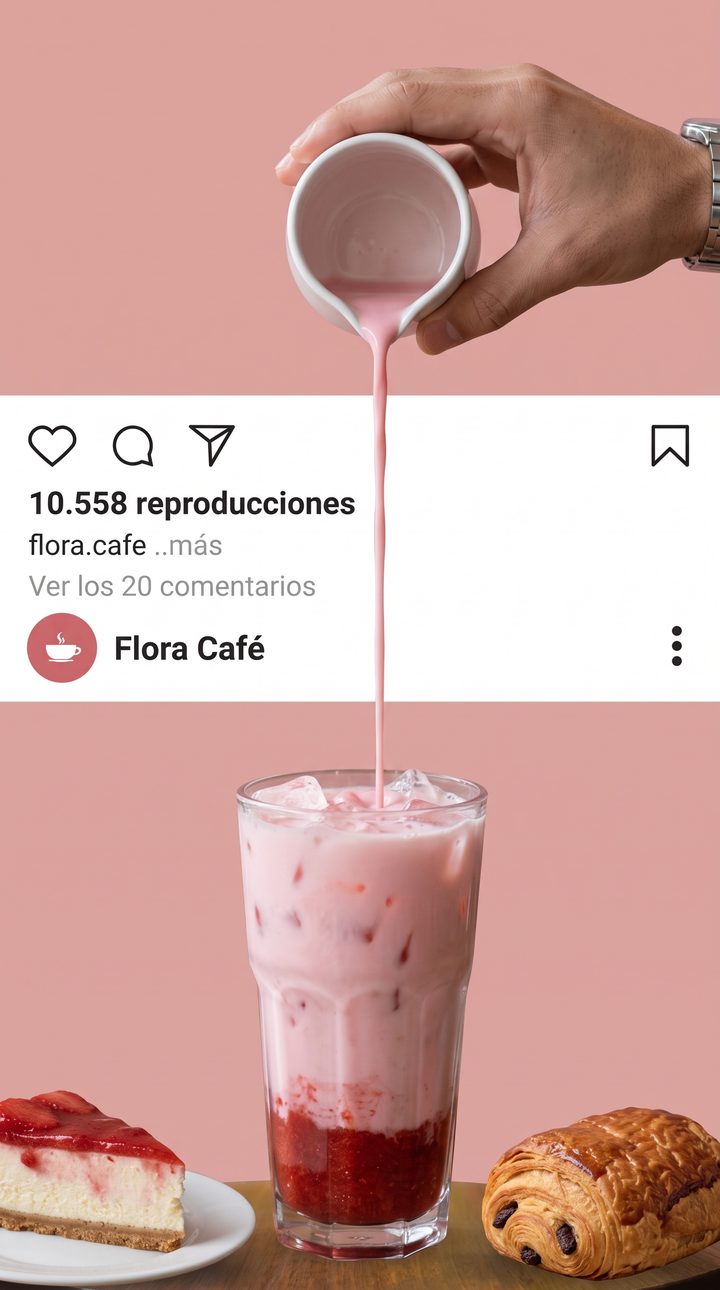 Anuncio para Flora Café: reel de Instagram con batido de fresa