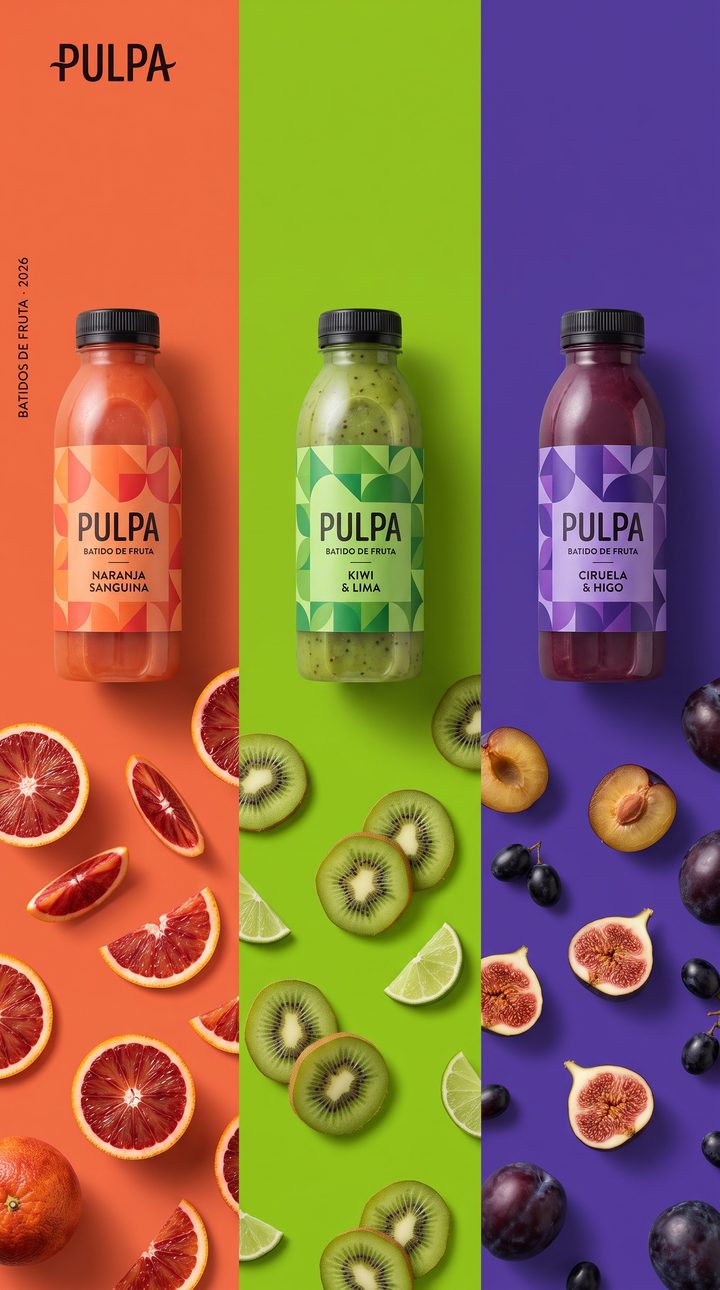 Anuncio para PULPA: tríptico de batidos de fruta